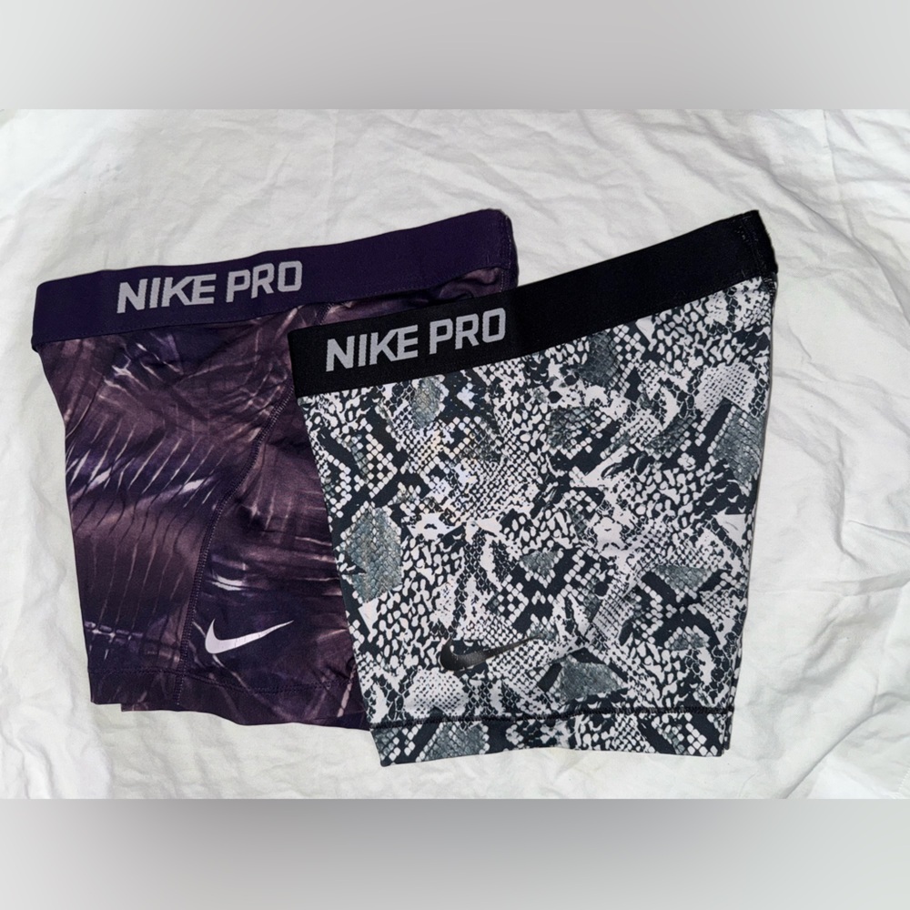 2 Nike Pro womens Printed Shorts - Black and Purple!